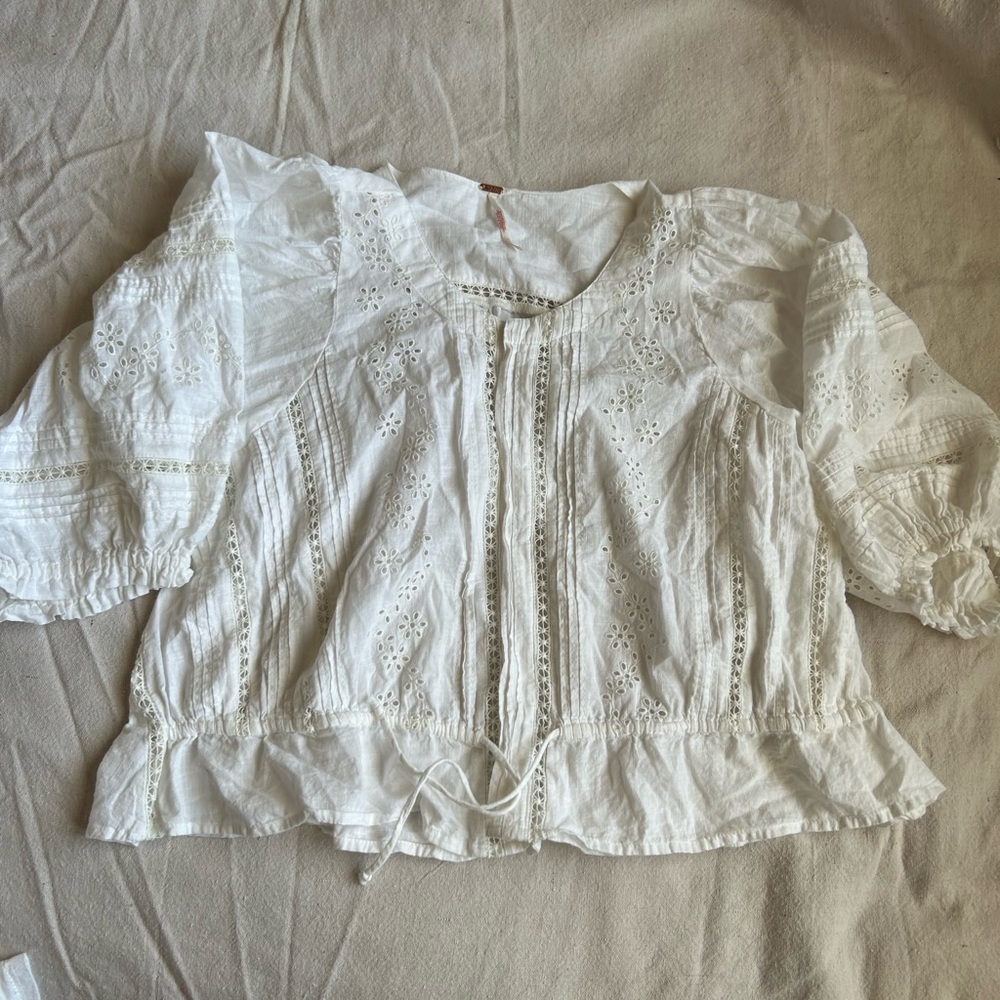 Free People White Puff Sleeve Smocked Blouse